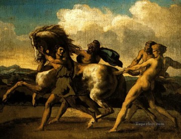  horses Oil Painting - slaves stopping a horse study for the race of the barbarian horses 1817